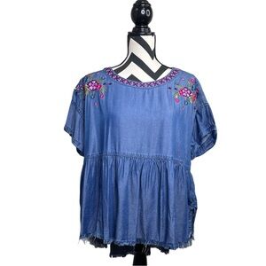 Cato Boho Western Floral Embroidered Sz L Chambray Frayed Hem Babydoll Blouse